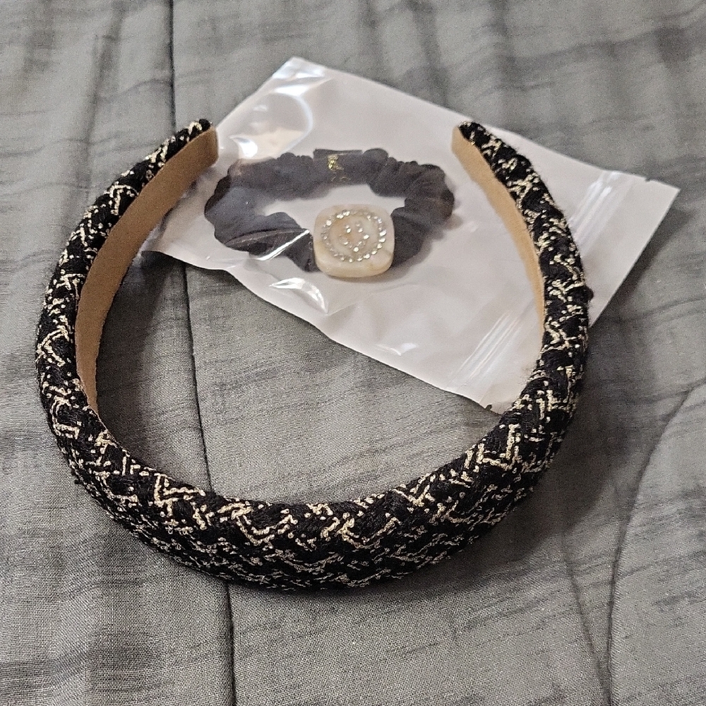 Elegant Black and Cream Headband With embellished Scrunchy